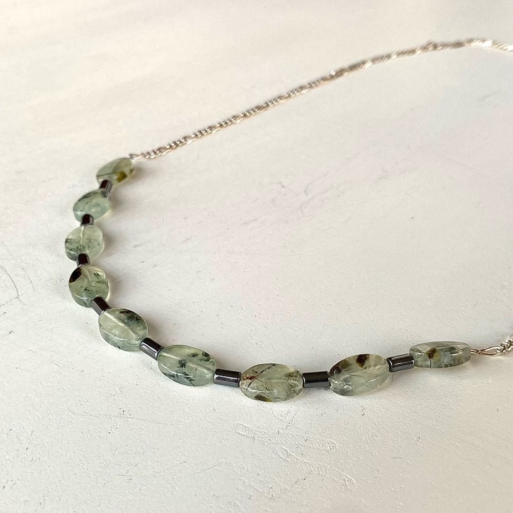Handcrafted Green Prehnite, Hematite and Sterling Silver Necklace